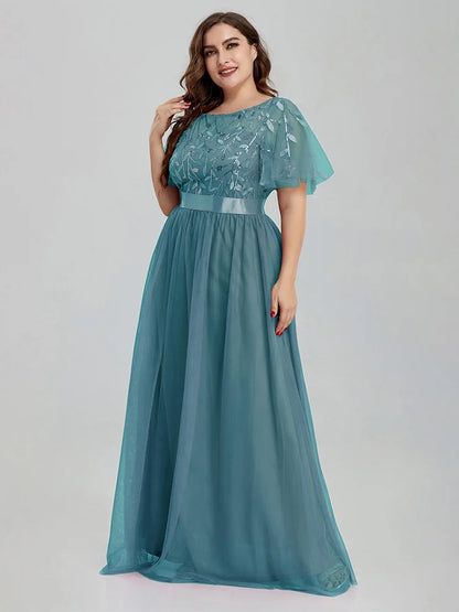 Women's Plus Size Mesh A-Line Sequin Embroidery Evening Dress Leaf  Maxi Prom Dress With Sleeves For Wedding Dress 2022