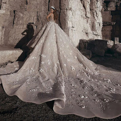 Robe de mariée de luxe en dentelle, Design dubaï Royal, manches longues, avec des appliques de fleurs en cristal