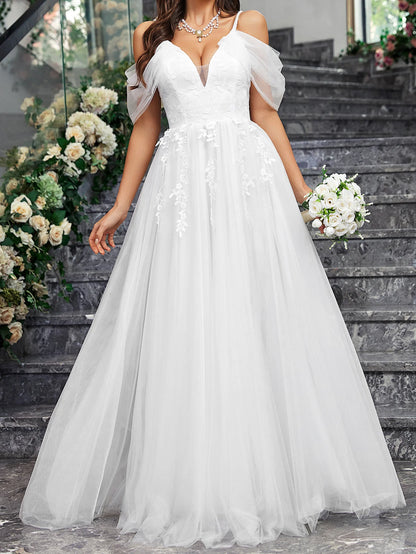 Ladies White Luxury Church Wedding Dress Embroidered With Floral Chiffon Bridal Off Shoulder Tight Fitting Wedding Gown