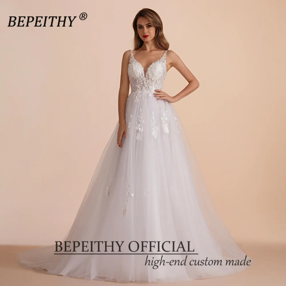 BEPEITHY White Lace A Line Beach Wedding Dresses 2023 Vestidos De Novia Sleevless Bride V Neck Sweep Train Boho Bridal Gown