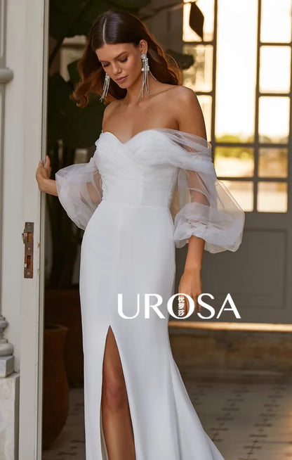 Vestidos de novia con hombros descubiertos, satén, sirena, abertura, mangas largas, vestido de novia elegante, vestido de novia con hombros cortos, talla grande