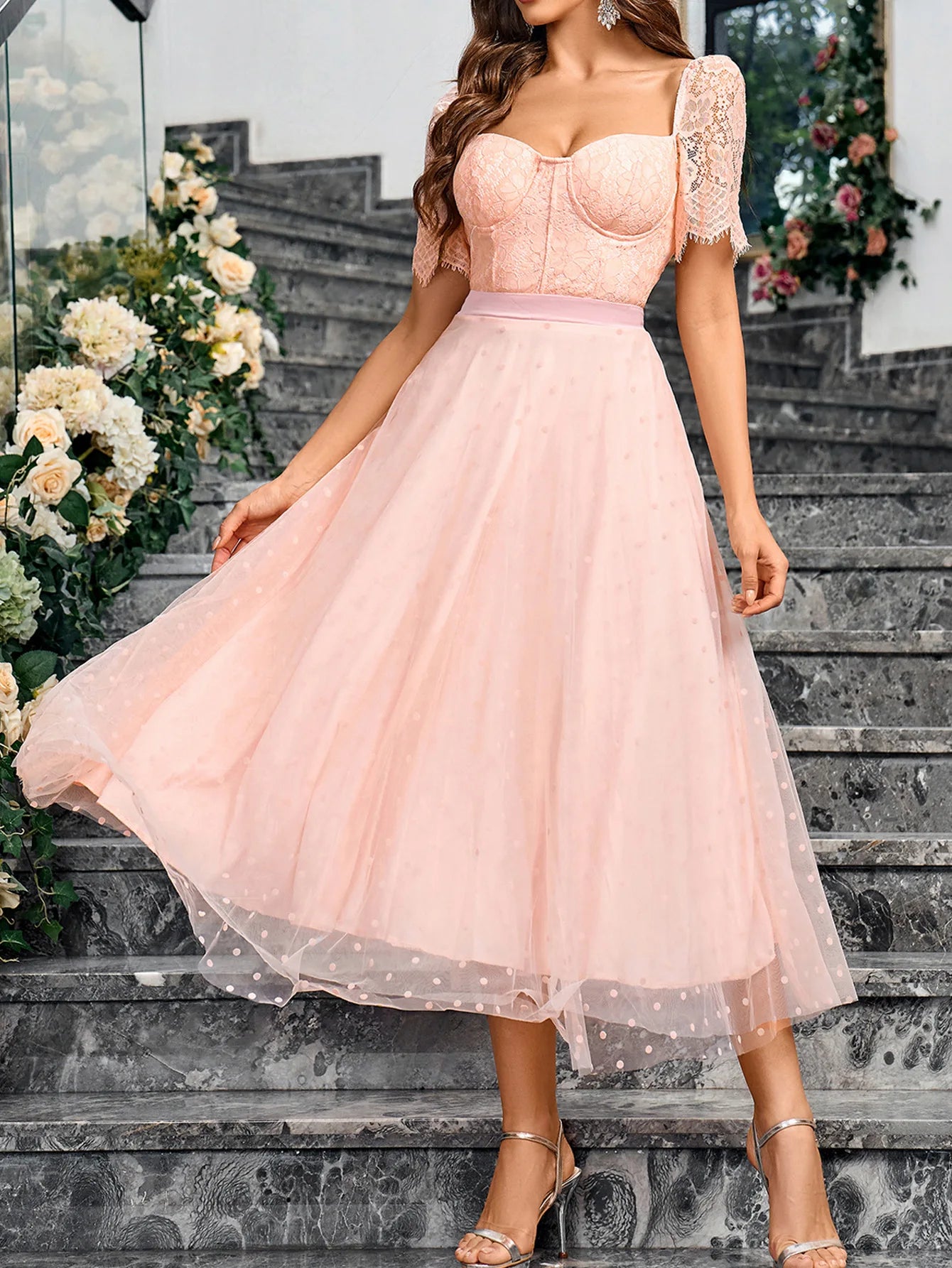 Formal Occasion Costume Bridesmaid Dress Lace Bodice Chiffon V-neck A-neck Maxi Dress Wedding Party Dress