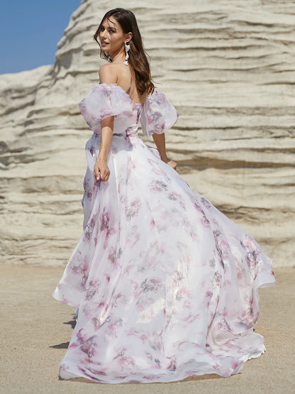 Elegant Pink Floral Wedding Dresses 2024 for Women Lace up Back with Puffy Sleeves Ball Gown Ivory Garden Organza Bridal Gowns