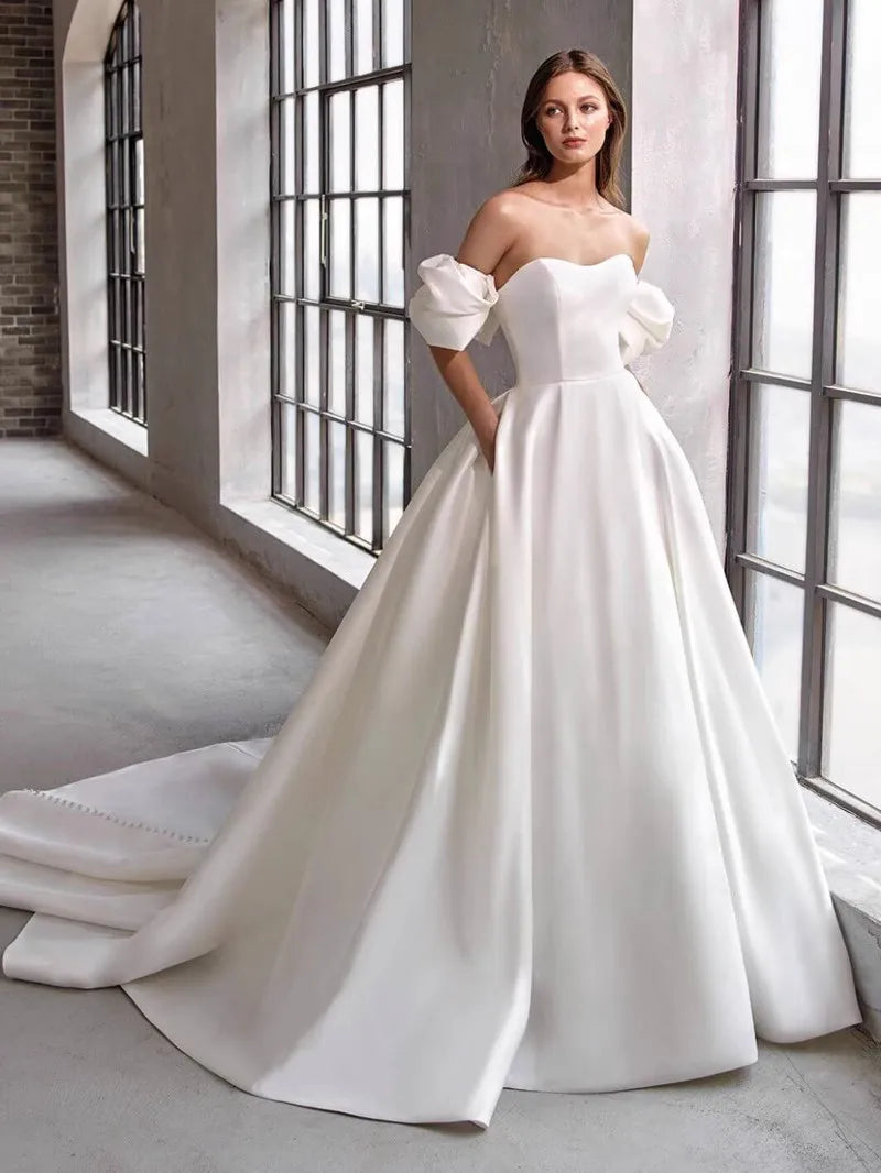 Wedding Dresses short-sleeve ball gown off-shoulder Sash Bride Wedding Gowns Boho Vestido de Noiva with train