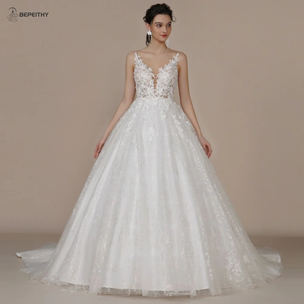 BEPEITHY Princess Glitter Vintage Wedding Dresses For Women Sleeveless Beading Bow Bride Boho Bridal Gown Detachable Flow