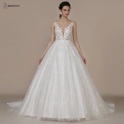 BEPEITHY Strapless A Line Glitter Wedding Dresses For Bride Sweep Train Ruffles Skirt Modern Princess Bridal Gown Ivory 2023 New