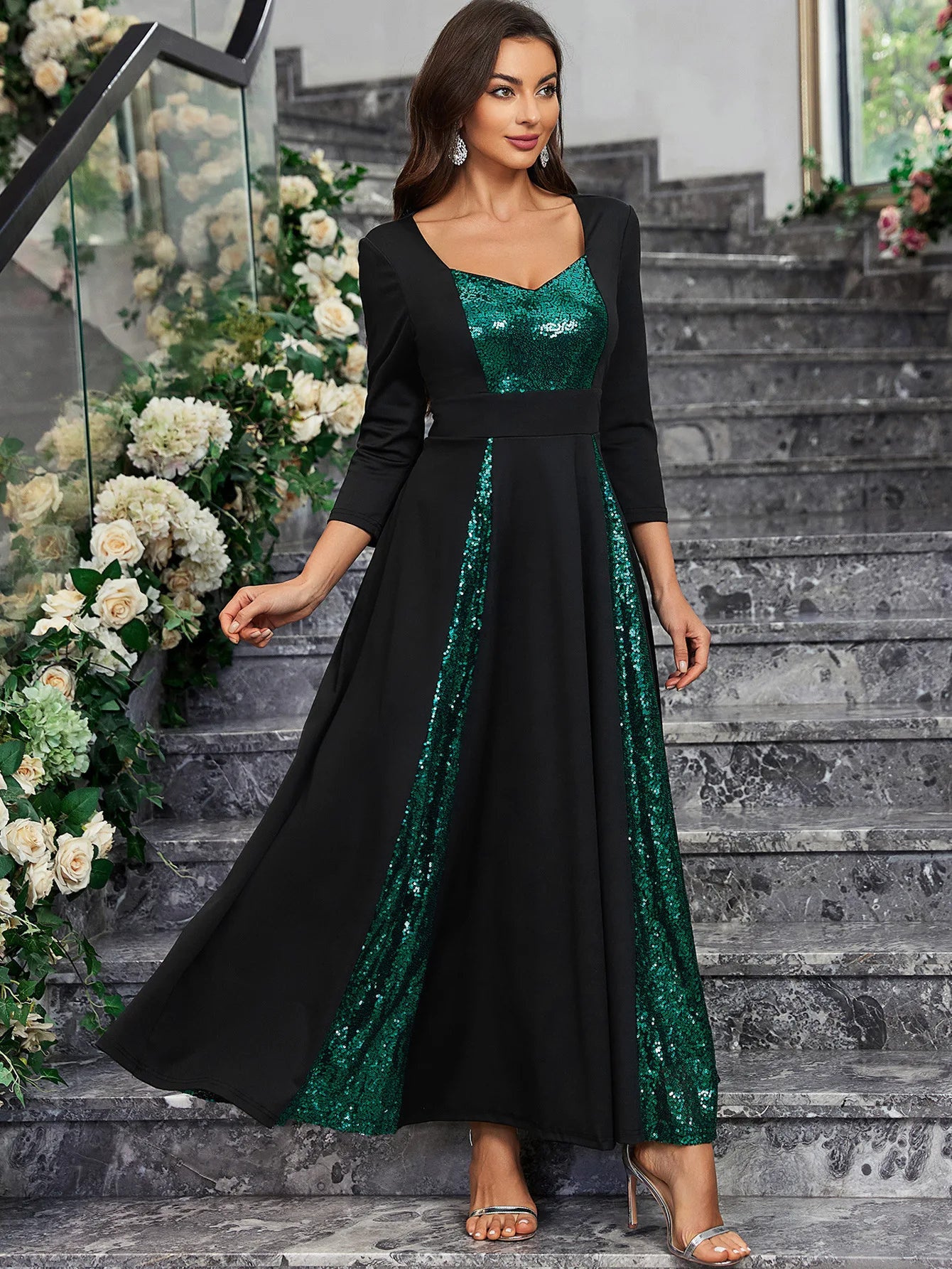 Robe longue de soirée à paillettes vintage pour femmes, col en V, dos ouvert, robe de soirée de mariage, robe de soirée de remise de diplôme extensible, 2024