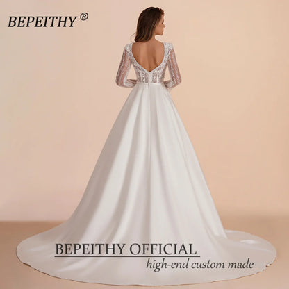 BEPEITHY Vintage Ivory V Neck Wedding Dresses For Women Spring Court Train Low Back Bride White Lace Top Bridal Boho Gown 2023