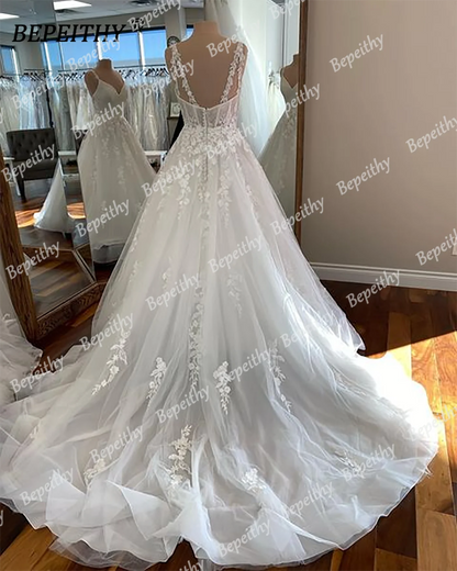 BEPEITHY Ivory V Neck Spaghetti Straps Wedding Dresses For Women 2023 Sleeveless Court Train Lace A Line Bride White Bridal Gown