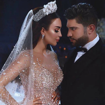 Diseño Dubai real manga larga Apliques de encaje flores de cristal vestido de novia de lujo свадебное платье vestidos de novia