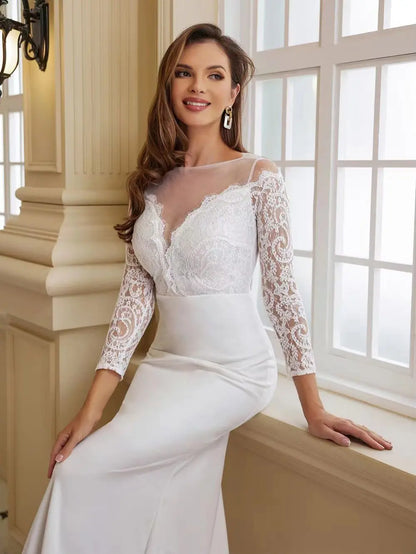 Grosfairy 2024 Nouvelle Arrivée Fête De Mariage Élégant Femmes Blanc Épaules Dénudées À Manches Longues Plancher Balayage Train Dentelle Soirée Robe