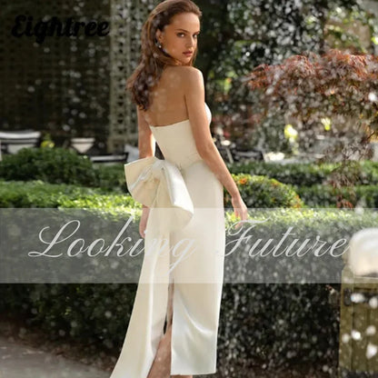 Robe de mariée blanche simple sans bretelles fendue avec nœud dos nu fermeture éclair robe de mariée robe de mariée élégante longueur thé 2024