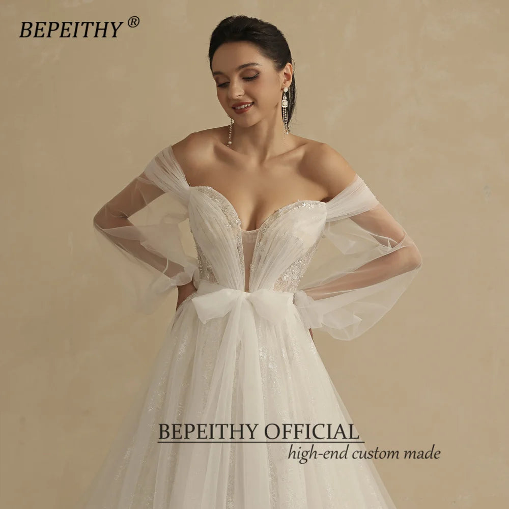 BEPEITHY Lovely A Line Lace Wedding Dress For Women 2023 Bride Off The Shoulder V Neck Puffy Sleeves Wedding Dresses Bridal