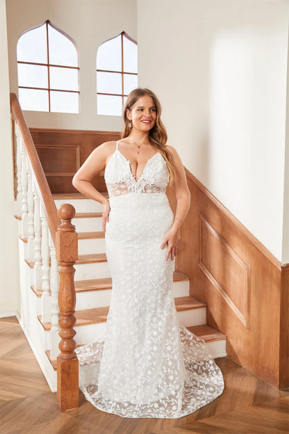 Vestidos de novia con escote en V 2024, de encaje blanco, espalda abierta, ilusión, capas de tul, largo hasta el suelo, cola larga, sirena, sin mangas