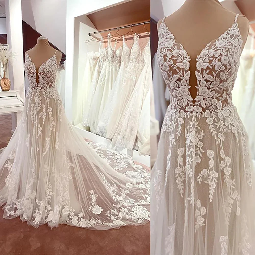 BEPEITHY Champagne Backless A Line Boho Bride Wedding Dresses Spaghetti Straps Sleeveless Summer Pleats Lace Bridal Gown 2023