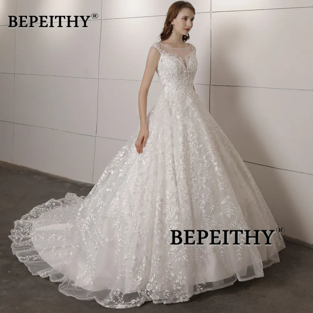 Vestido de novia de encaje vintage BEPEITHY, vestido de novia de cola de corte para mujer, vestido de novia de princesa sin mangas 2023, vestidos de novia