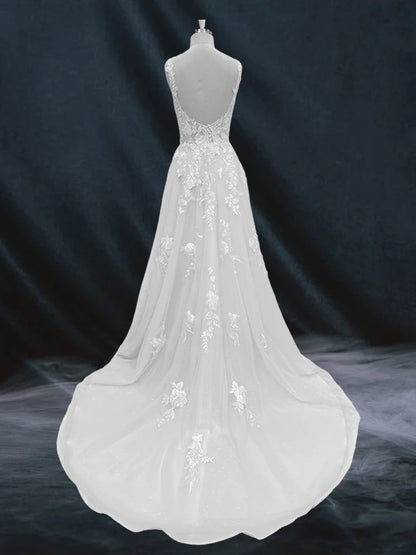 ZOCI Robe de mariée en dentelle florale pour femme, sans manches, décolleté en V profond, dos nu, ligne A, robe de mariée sexy