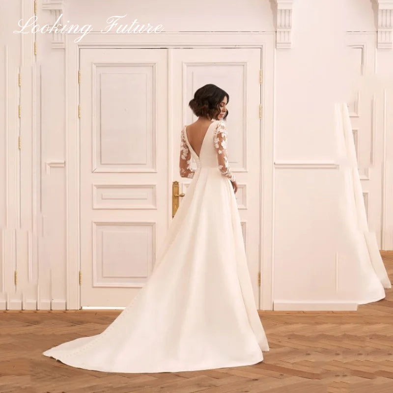 Robes de mariée en satin Morden A Line à col en V et manches longues, robes de mariée en dentelle avec appliques Plest, robe de mariée à balayage, train 2024