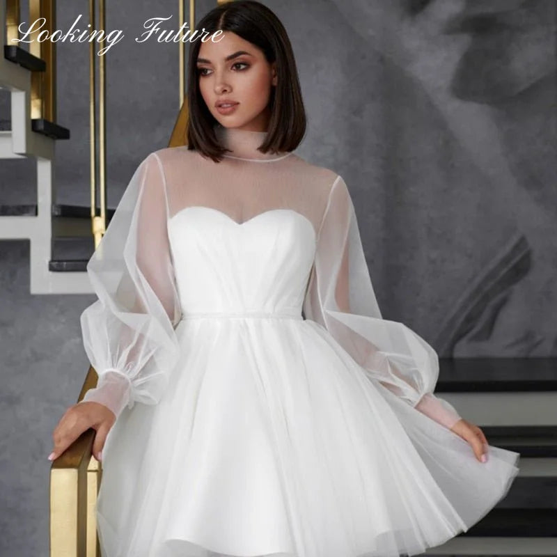 White Short Wedding Dresses for Women 2024 Bride A Line Wedding Gown Long Puff Sleeve Illusion High Collar Sweetie Bridal Dress