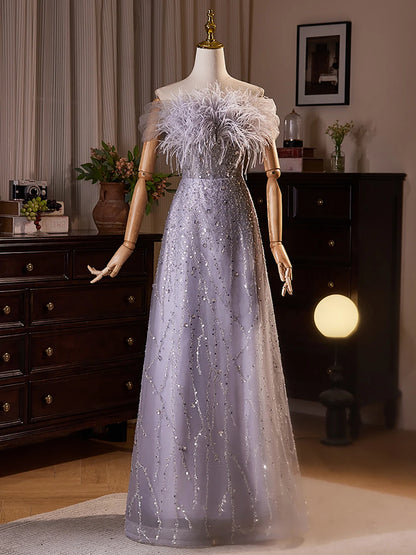 Nouvelle arrivée violet chérie plumes A-ligne robes de soirée de luxe 2024 texture haut de gamme robe de perles pour les femmes fête de mariage