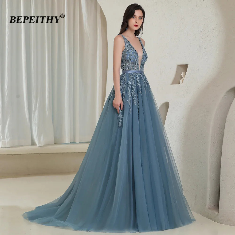 BEPEITHY Elegant V Neck Gray Blue Long Evening Dresses 2022 Party Sexy Backless Prom Gown Sleeveless Robe De Soiree For Women