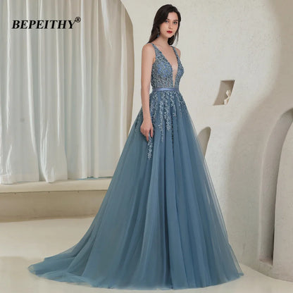 BEPEITHY Elegante escote en V gris azul largo vestidos de noche 2022 fiesta sexy sin espalda vestido de fiesta sin mangas bata de velada para mujeres