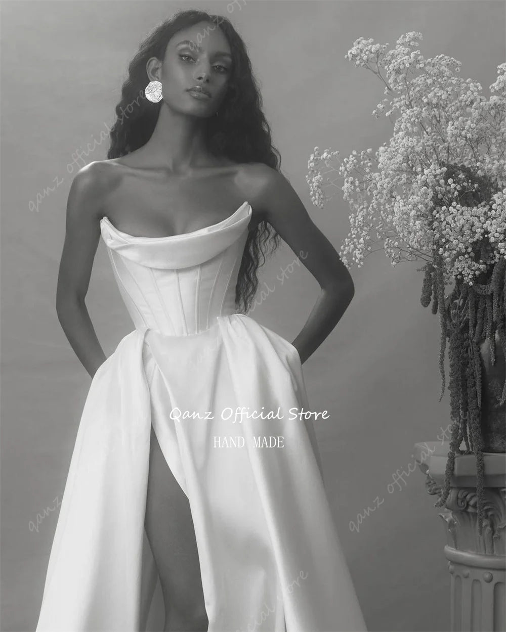 Robe de mariée en satin vintage Qanz, robe de mariée plissée sirène sans bretelles, fente haute, longueur au sol, robe de mariée, robe de mariée 2024