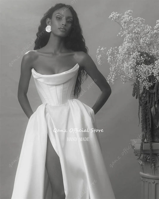 Robe de mariée en satin vintage Qanz, robe de mariée plissée sirène sans bretelles, fente haute, longueur au sol, robe de mariée, robe de mariée 2024