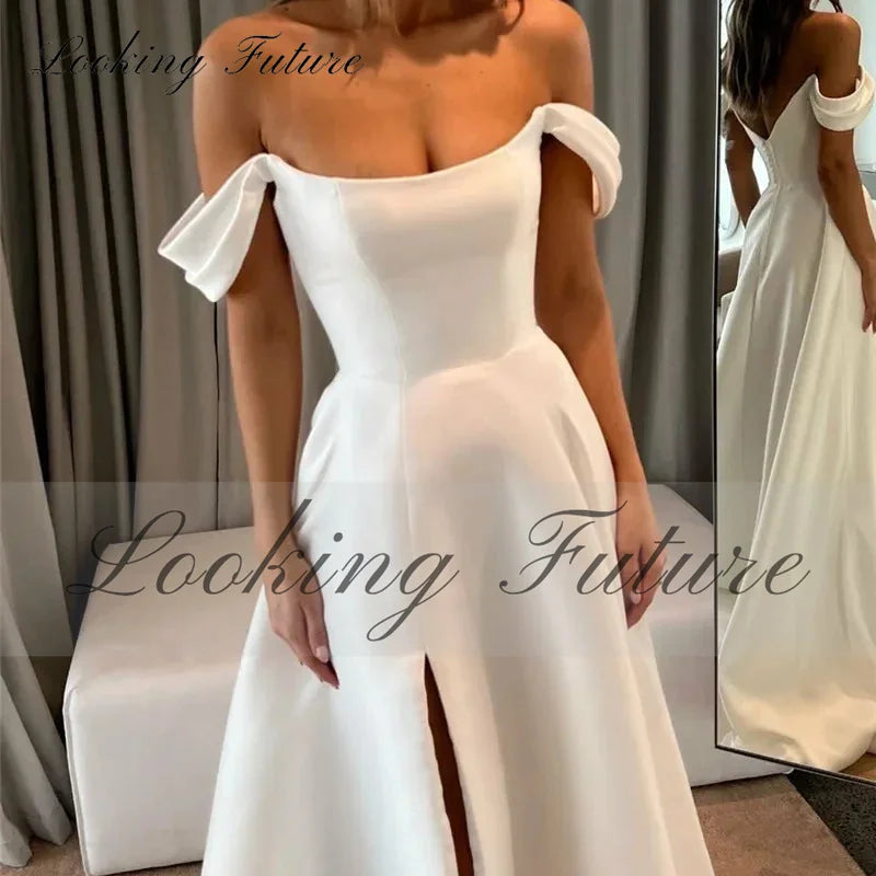 Robe de mariée sirène en satin élégante pour femme 2024, sans bretelles, épaules dénudées, fente latérale, robe de mariée, bouton, robes de mariée