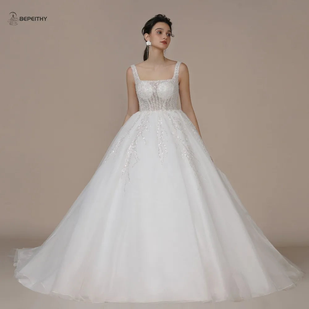 BEPEITHY Princess Glitter Vintage Wedding Dresses For Women Sleeveless Beading Bow Bride Boho Bridal Gown Detachable Flow