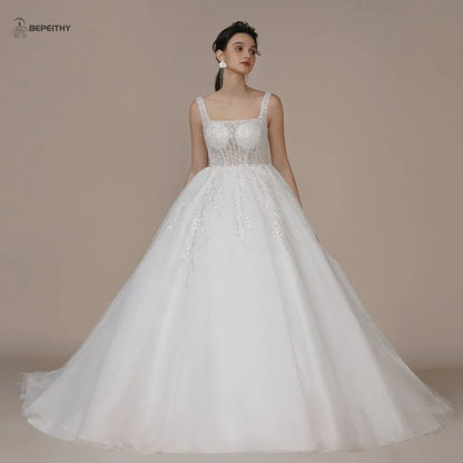 BEPEITHY Princess Glitter Vintage Wedding Dresses For Women Sleeveless Beading Bow Bride Boho Bridal Gown Detachable Flow