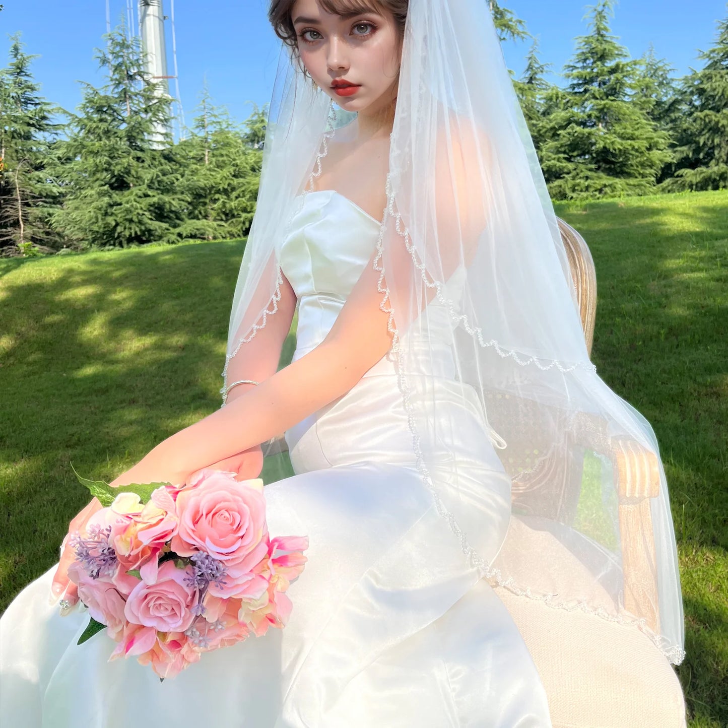 Voile de mariage élégant à 2 niveaux avec bord en cristal, voile de mariée couvrant le devant et le dos des robes de mariée, accessoire en tulle doux v198