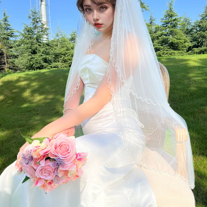 Elegant 2 Tier Wedding Veil with Crystal Edge Bridal Veils Cover Front and Back of Wedding Dresses Soft Tulle Accessory v198