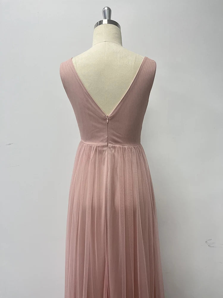 Robe de soirée élégante en tulle sans manches à col en V pour femme, nouvelle collection, coupe trapèze, en gaze moelleuse, robe de soirée de demoiselle d'honneur de mariage