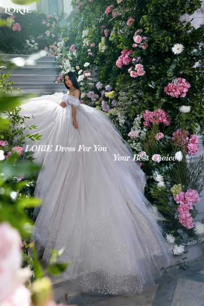 LORIE Glitter Tulle Wedding Dresses Off Shoulder Shiny Puffy Pleated Prom Bridal Gowns Sparkly Ball Pageant 2024 Bride Dress