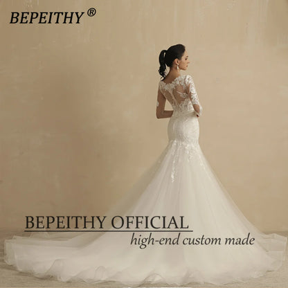 BEPEITHY Vintage V Neck Trumpet Wedding Dresses For Women 2022 Full Sleeves Court Train Lace Ivory White Boho Bride Bridal Gown