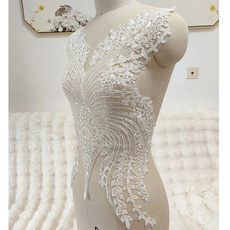 Applique de robe de mariée en dentelle à paillettes perlées 3D, fleurs de poitrine, bricolage, coiffure de mariée, col en dentelle, patch en tissu de dentelle