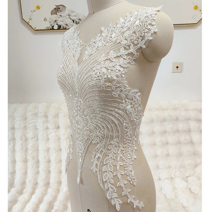 Apliques de encaje con lentejuelas y cuentas 3D para vestido de novia, cuello de encaje, parche de tela de encaje