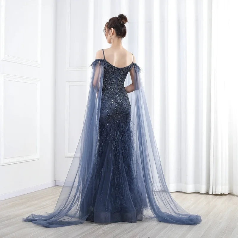 Hot Sale Navy Blue Mermaid Sexy Off Shoulder Beaded Feathers Cover Luxury Evening Dresses Gowns For Women Wedding Party 2024