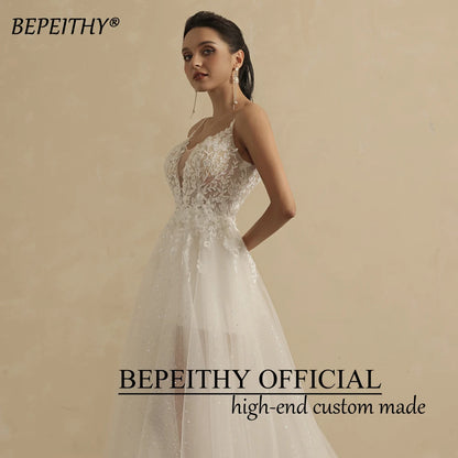 BEPEITHY Light Beach Wedding Dresses High Slit For Women Sexy Deep V Neck Sleeveless Bride Ivory Party Boho Bridal Gown 2023