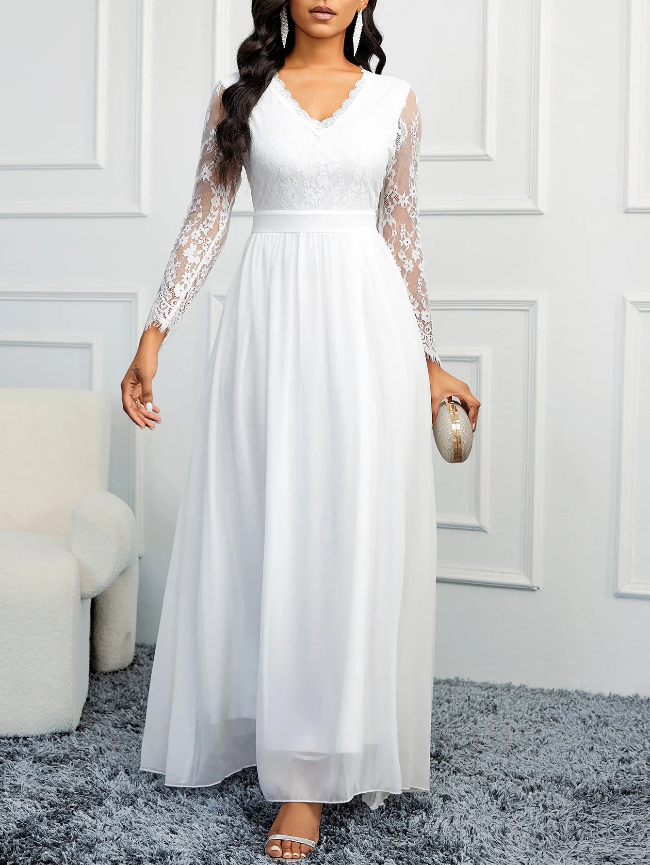 Elegant Wedding Dresses V-Neck Backless Evening Dress 2024 Tulle Sleeve Lace Robe De SoiréE De Mariage White Bridal Women Dress