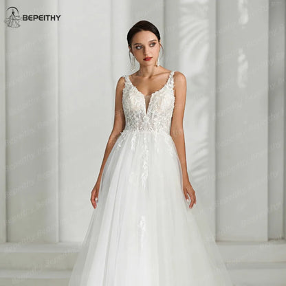 BEPEITHY V Neck Beach Wedding Dresses For Women Sleeveless Backless Sexy Boho Ivory Bride Bridal Gown A Line Vestidos 2024