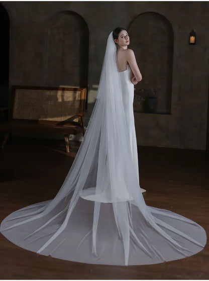 V872 Long White Handmade Bridal Veil for Wedding Dress Tulle Two-Layer Cathedral Brides to Be Veil with Hair Comb