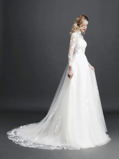 Robe de mariée en dentelle à manches longues pour femme, style bohème rétro, nouvelle collection 2024, fleurs 3D appliquées, robes de soirée élégantes pour bal de fin d'année