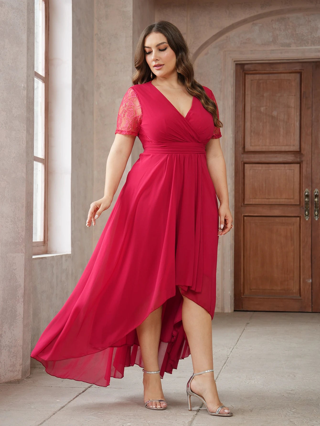 Vestido de novia elegante con escote en V profundo para mujer, de gasa con encaje irregular, manga corta, parte delantera corta y espalda larga, vestido de noche grande