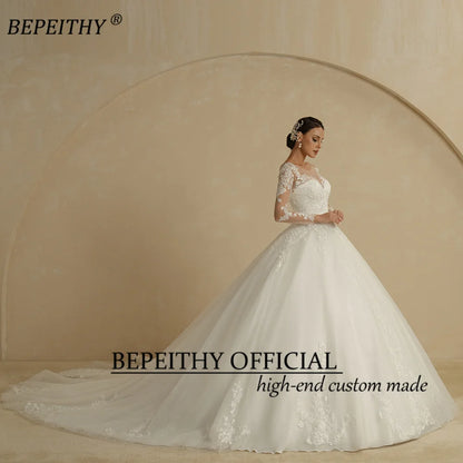 BEPEITHY Exquisite Ivory Scoop Wedding Dresses 2022 For Women Full Sleeves Chapel Train Vintage Dropped Lace Ball Bridal Gown