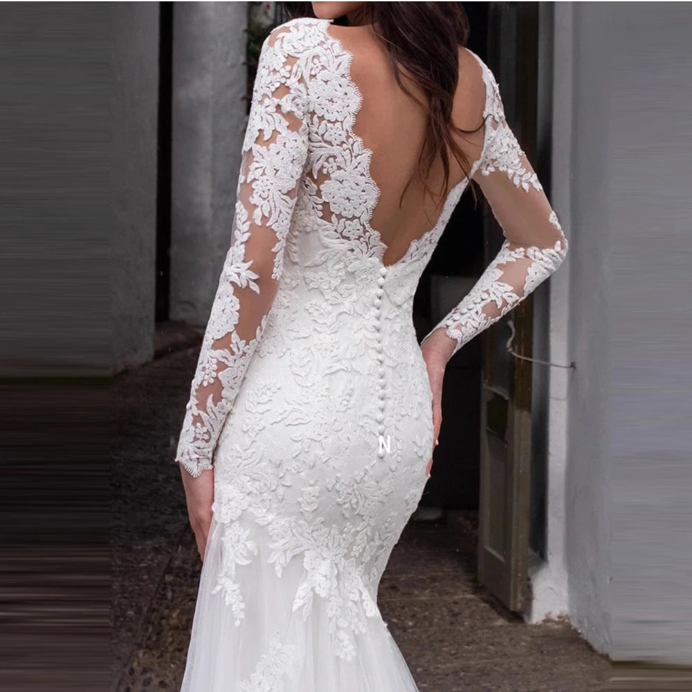 French Wedding Dresses V-neck Mermaid long- Sleeves Vestido De Noiva Elegant Lace Appliques Bridal Gown plus size