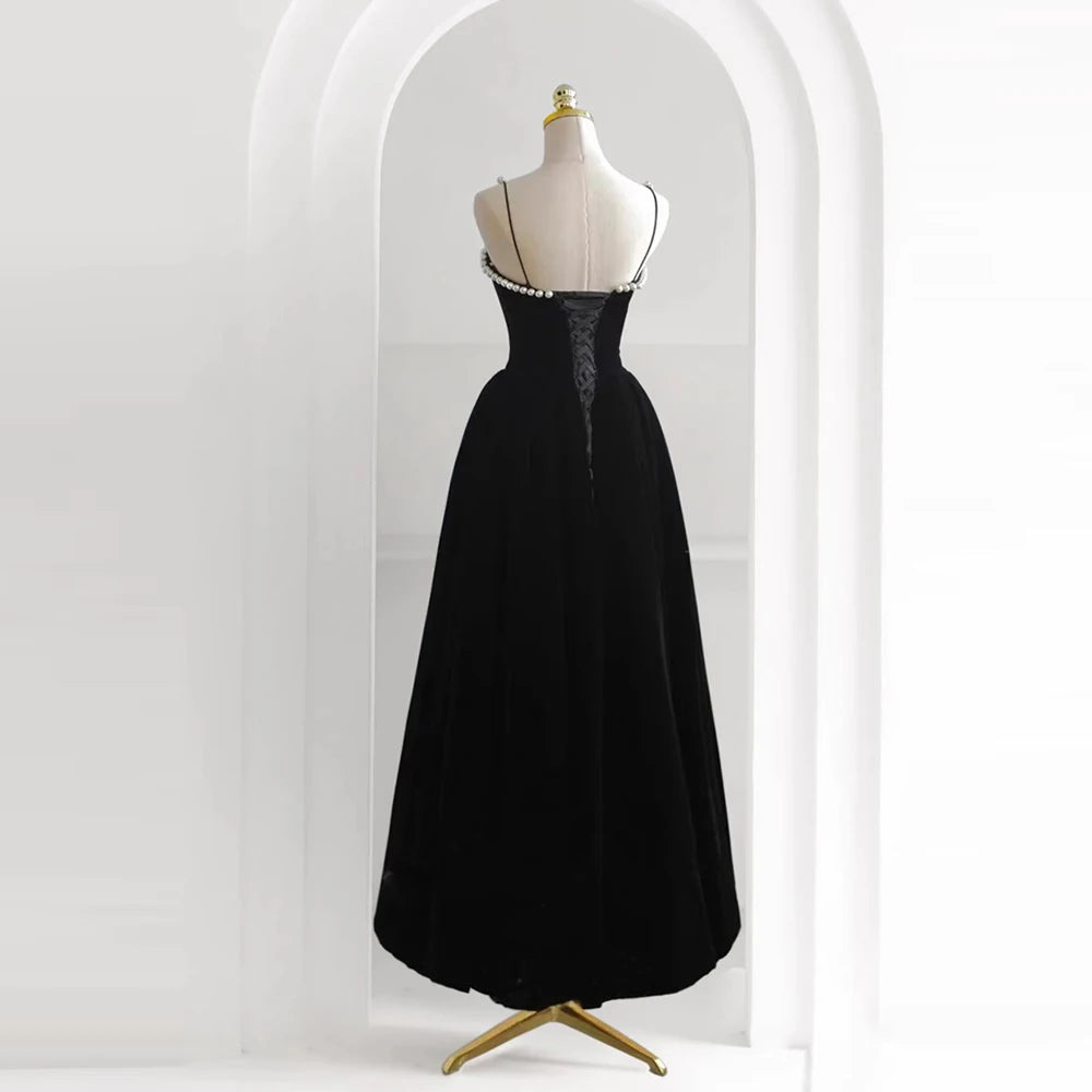 Strap Women black evening dress pearl Party Dress Ladies Evening Vestidos cocktails satin A-line formal dress for wedding