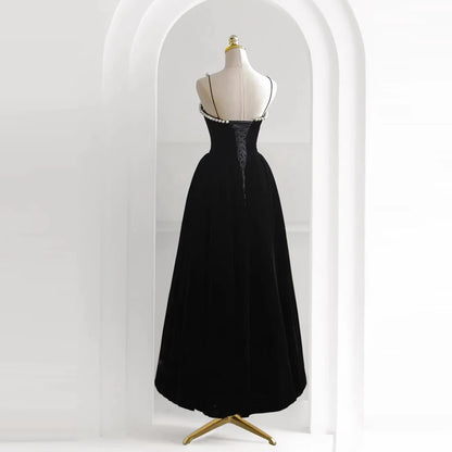 Robe de soirée noire à bretelles pour femmes, robe de soirée en perles, robe de soirée pour dames, robes de cocktail en satin, robe de soirée trapèze pour mariage