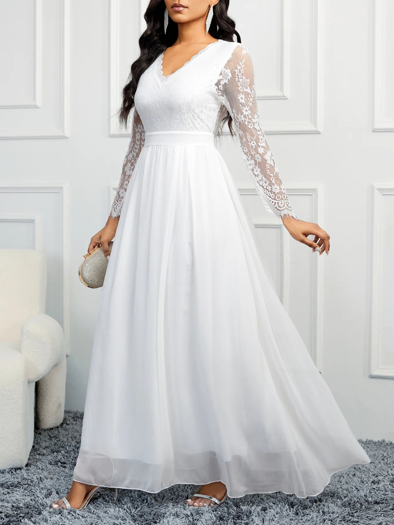 Elegant Wedding Dresses V-Neck Backless Evening Dress 2024 Tulle Sleeve Lace Robe De SoiréE De Mariage White Bridal Women Dress